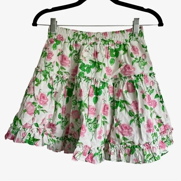 Hill House Paz Skirt Linen Lined Ruffles Pink Roses Romantic Cottagecore NWT